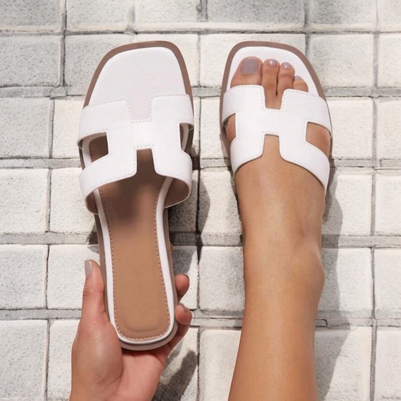 WHITE TRENDY H- SHAPED CUTOUT UPPOER SLIDE SANDALS - Picture 3 of 6